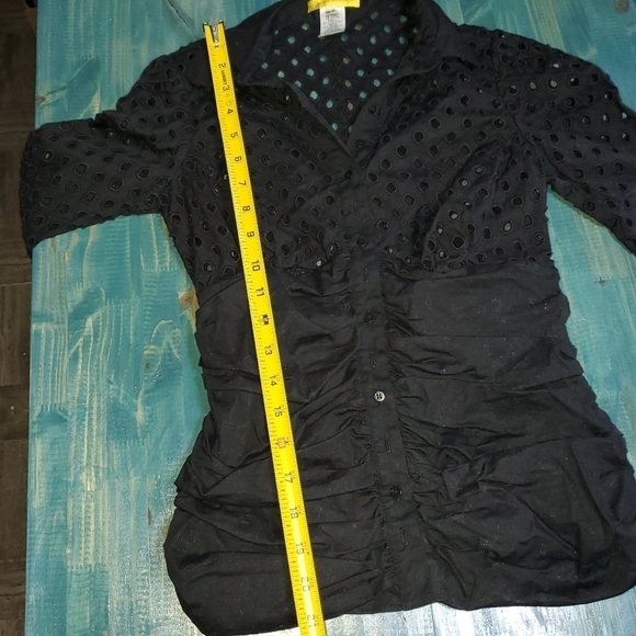 Long Sleeve Black Buttondown with Mesh Eyelet Cut Top 4 Petite - Picture 6 of 12